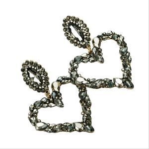 Rhinestone Heart Statement Earrings - Black / Grey